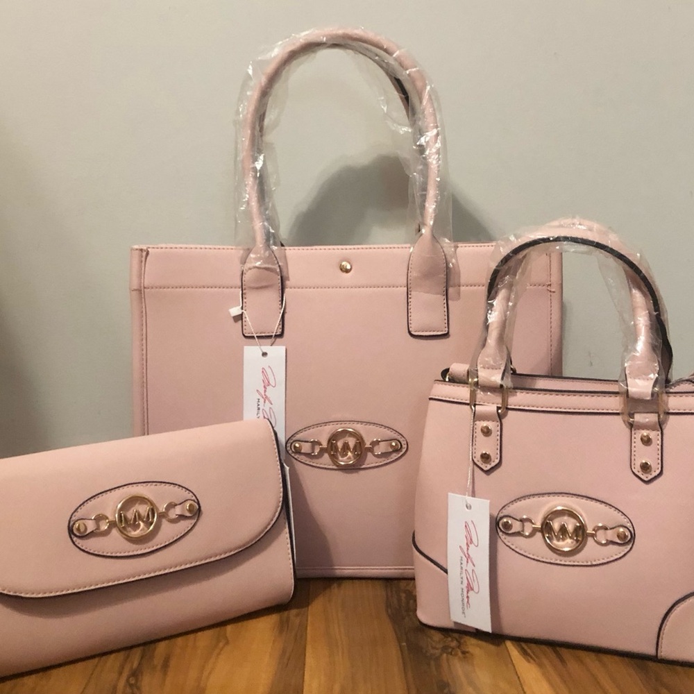 🌹🍃New Marilyn Monroe 3-Piece Pale Pink Leather Large Tote, Satchel & Clutch Set - Picture 12 of 13